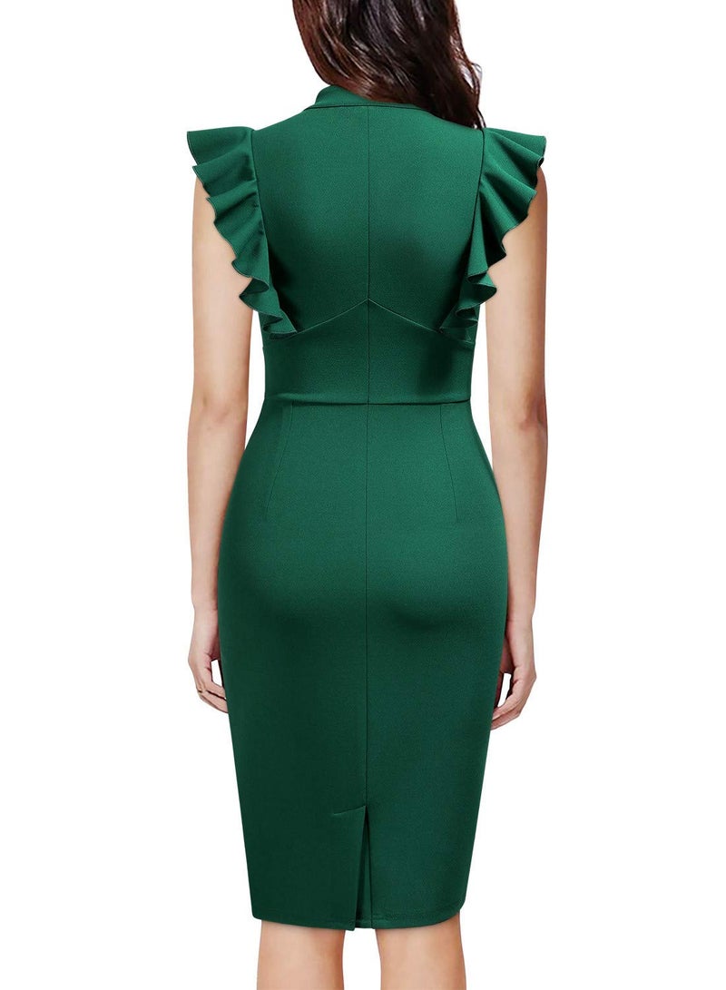 Knitee Women's Vintage Ruffle Sleeve V-Neck Bodycon Evening Party Cocktail Pencil Sheath Dress (Dark Green, Small) - Image 2